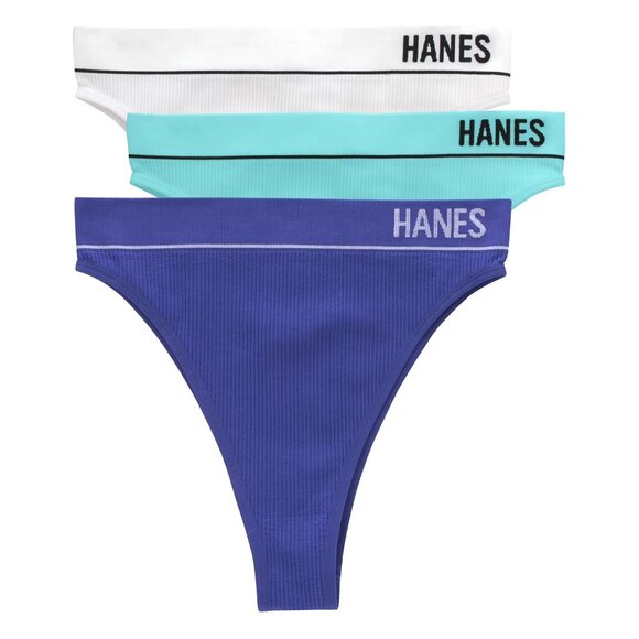 Women's Hanes Originals 3pk Seamless Rib Thong Underwear Panties Blues/White NWT - Picture 1 of 4